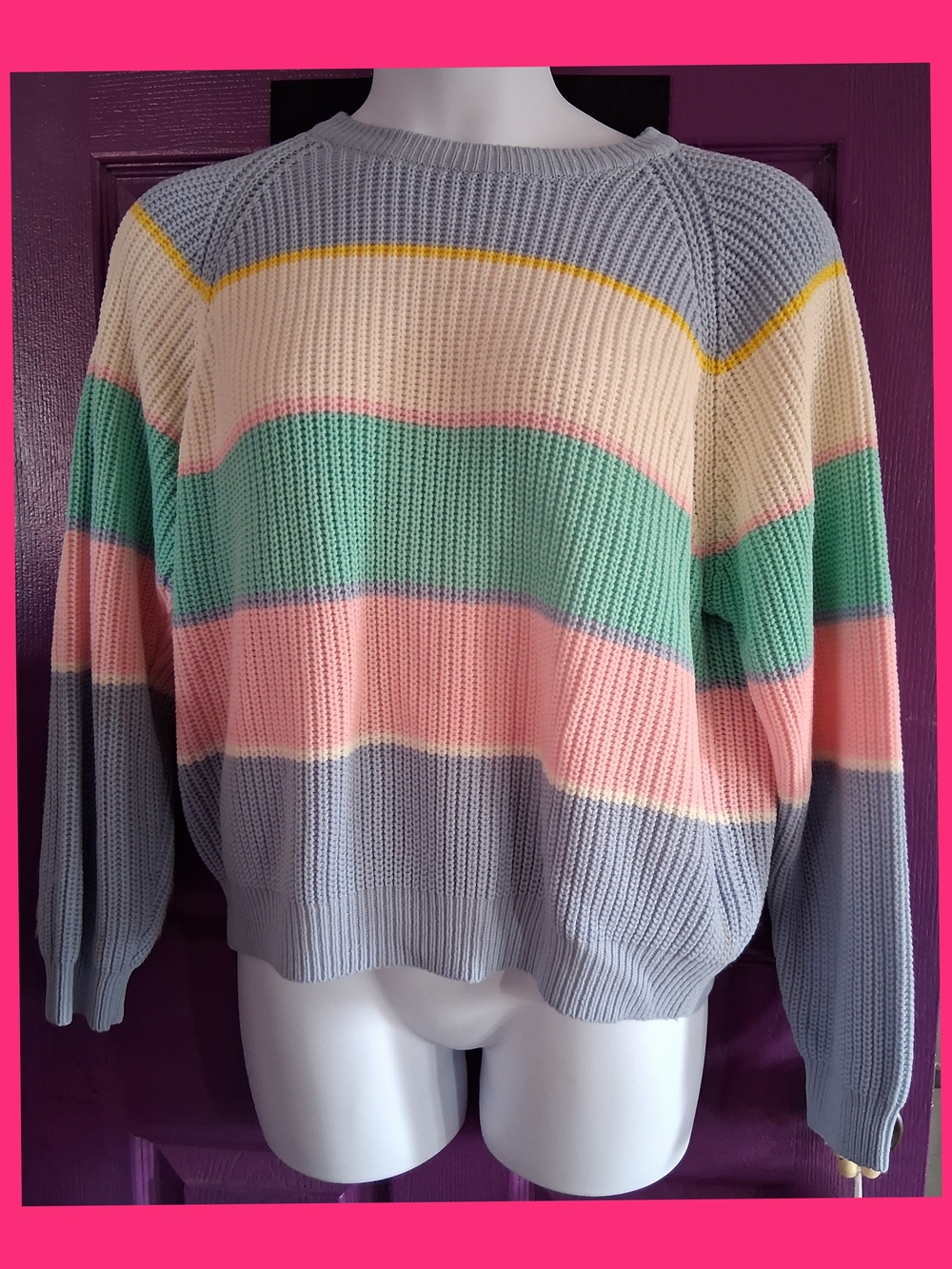 Vintage Pastel Stripe Knit Sweater - Gray, Pink, Green